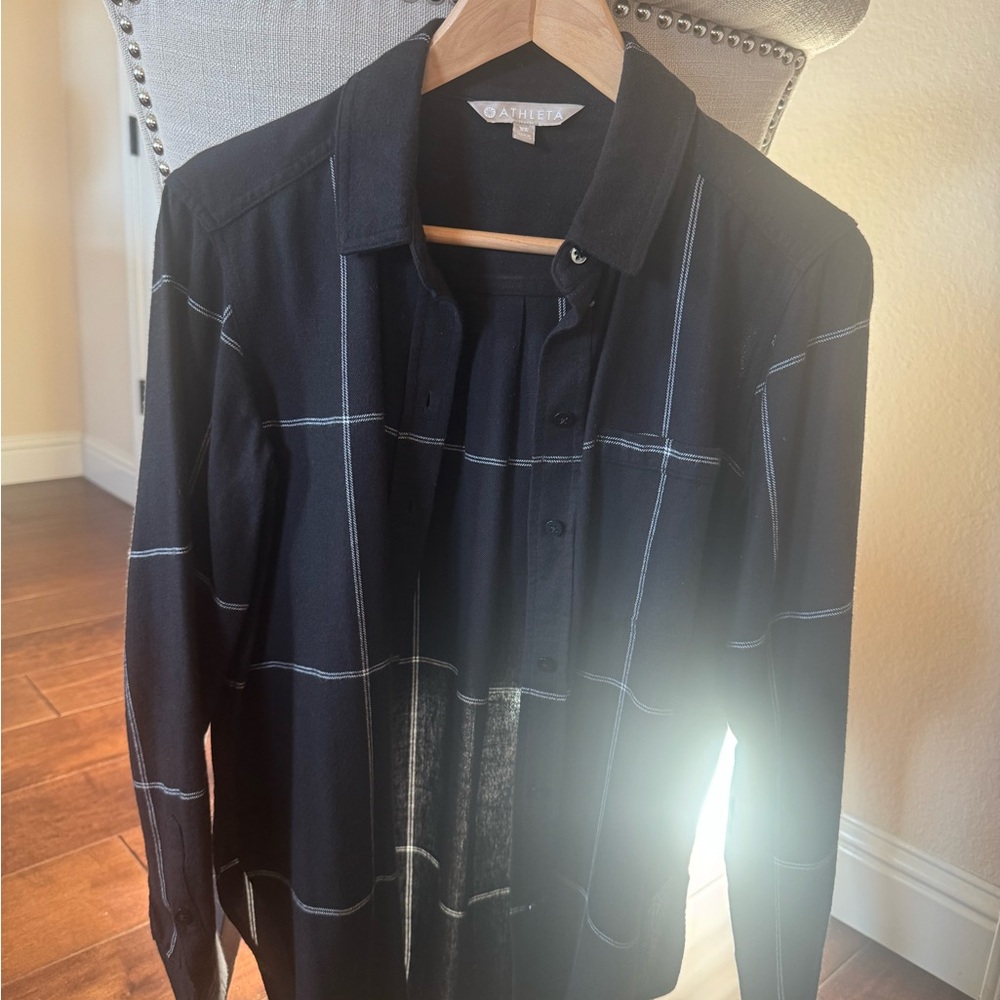 Athleta Black Button Down Shirt with White Stripes